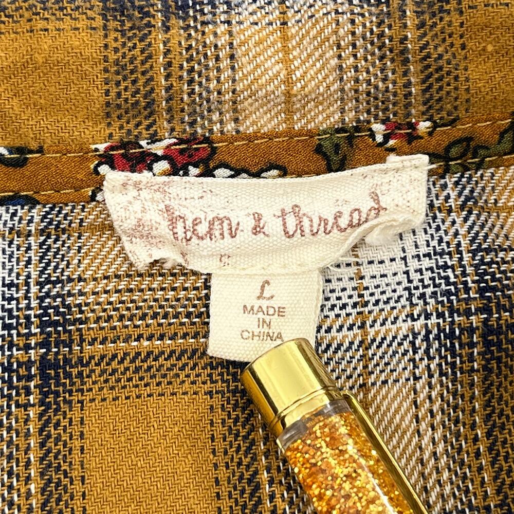 Hem & Thread Plaid 3/4 Button Floral Roll Cuff Collared Fall Autumn Shirt Large - Picture 6 of 9